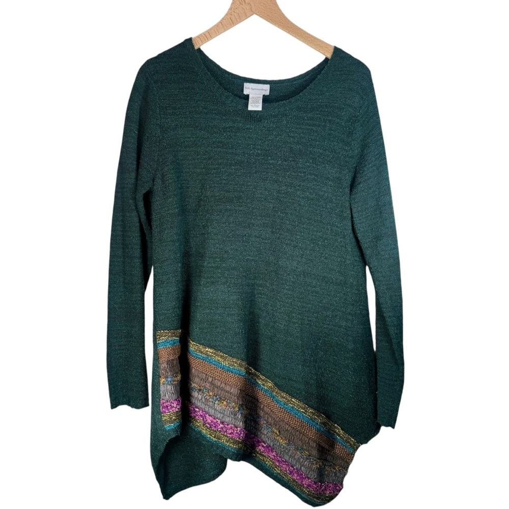 Soft Surroundings Knit Sweater Women’s Large Green Asymmetric Boho Embroidered